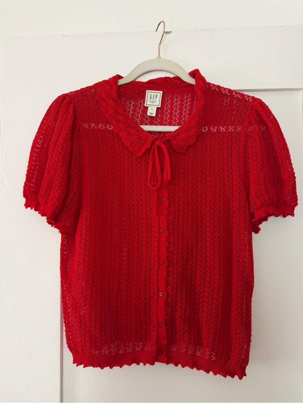 GAP x Doen Red Open-Knit Tie-Collar Button Front Top